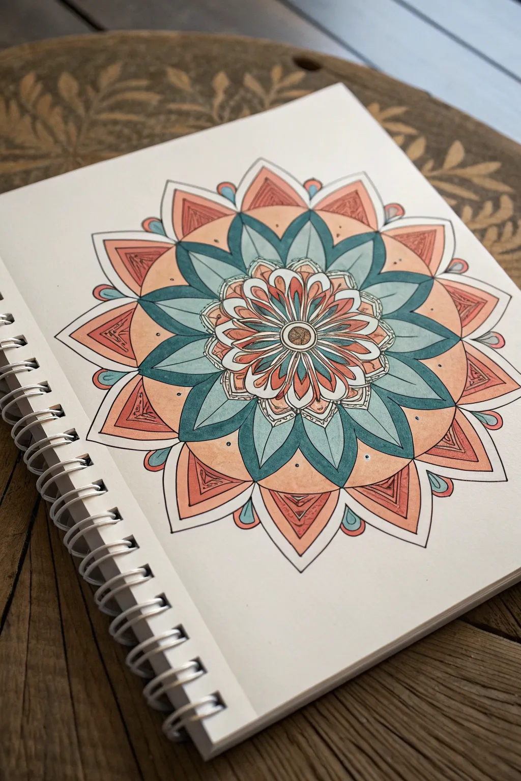 Symmetry-perfect mandala burst with bold boho colors and faint sketch guides for 12-year-olds
