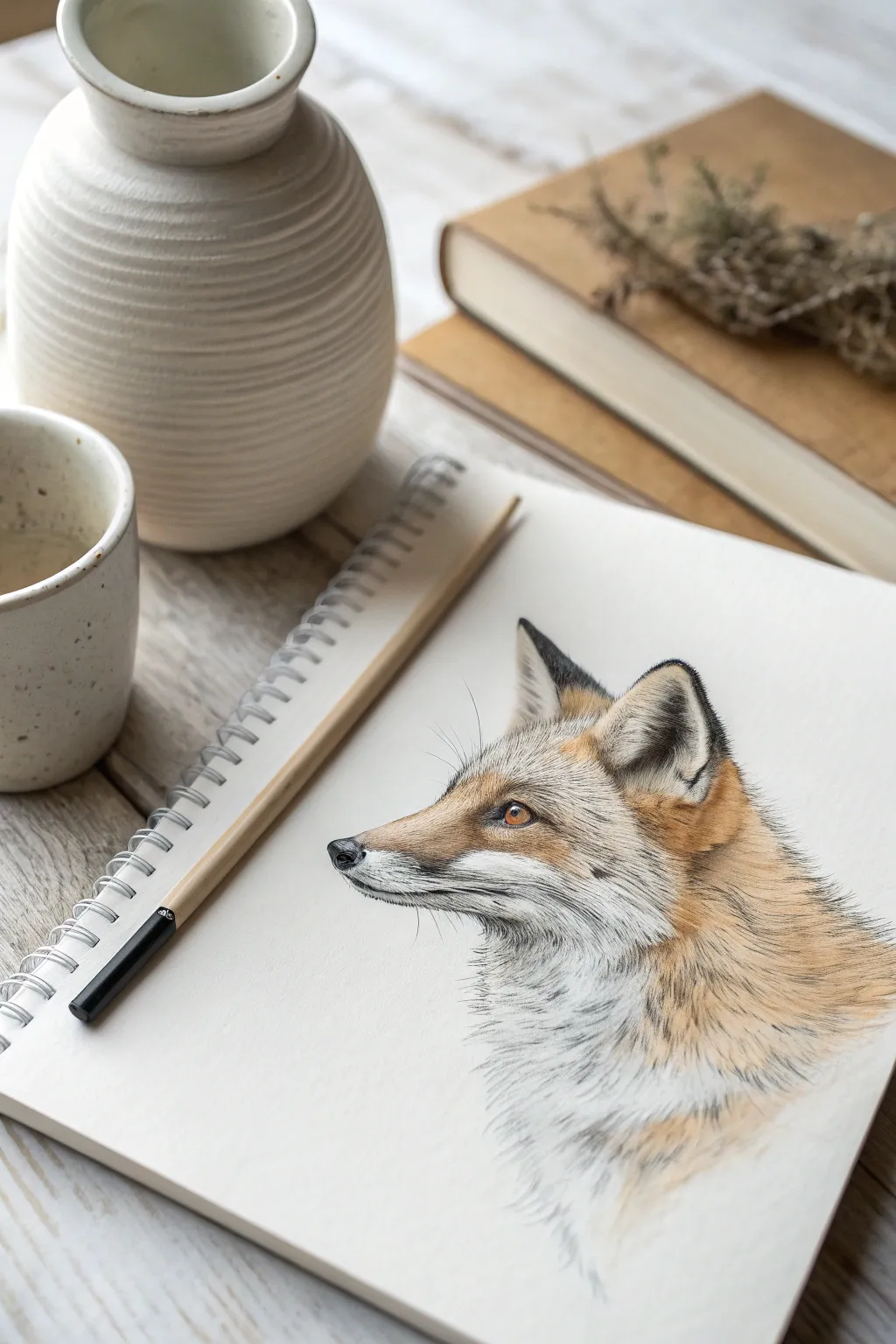 Surreal fox-to-vase morph drawing idea with smooth shading and bold Scandinavian-boho contrast