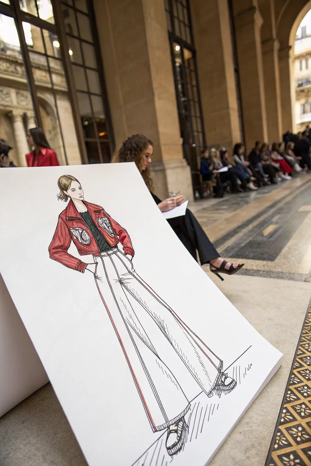 Statement outfit fashion sketch for girls: bold wide-leg pants and cropped jacket in rich color.