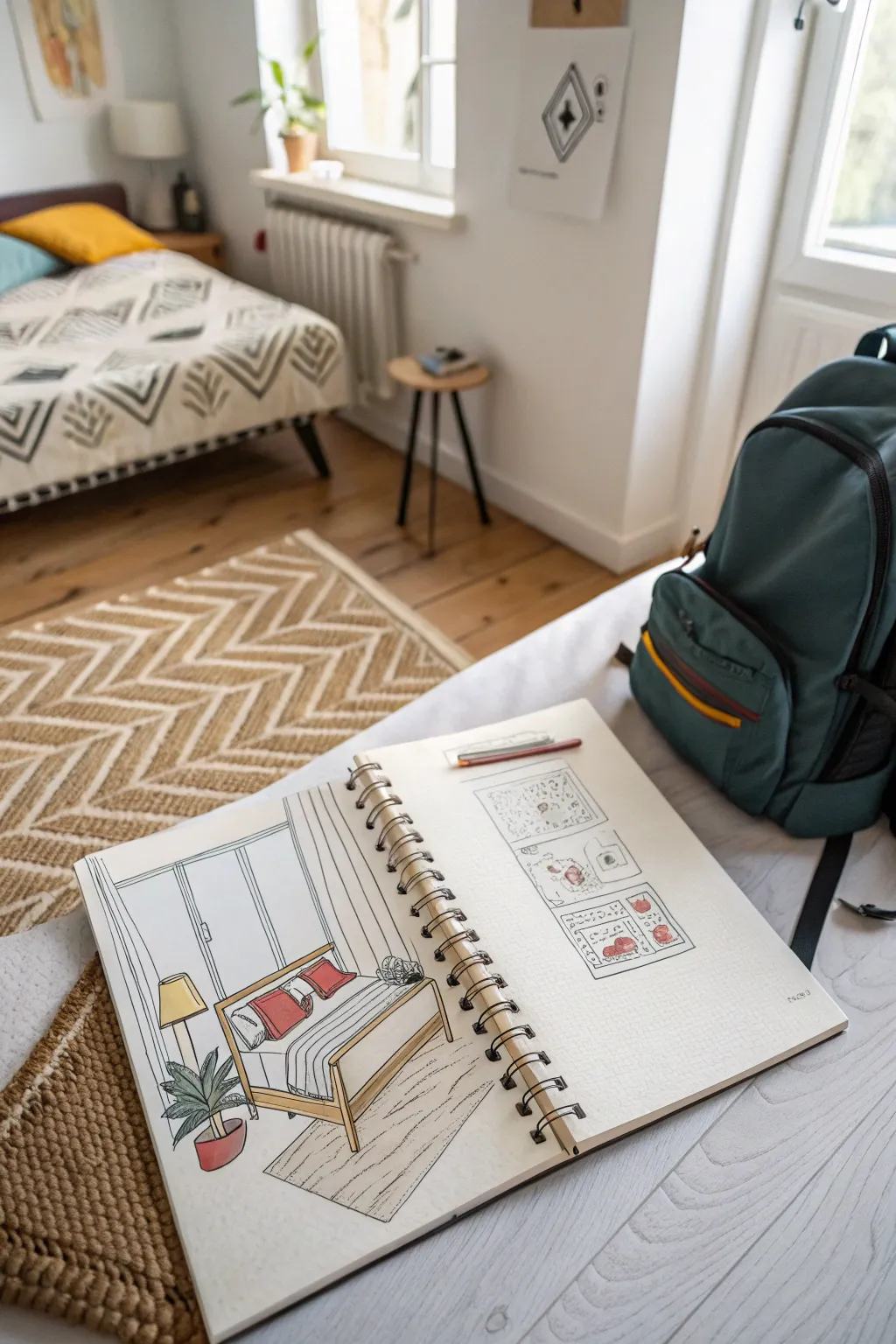 One-point perspective bedroom drawing for age 12, clean lines and a bold color pop