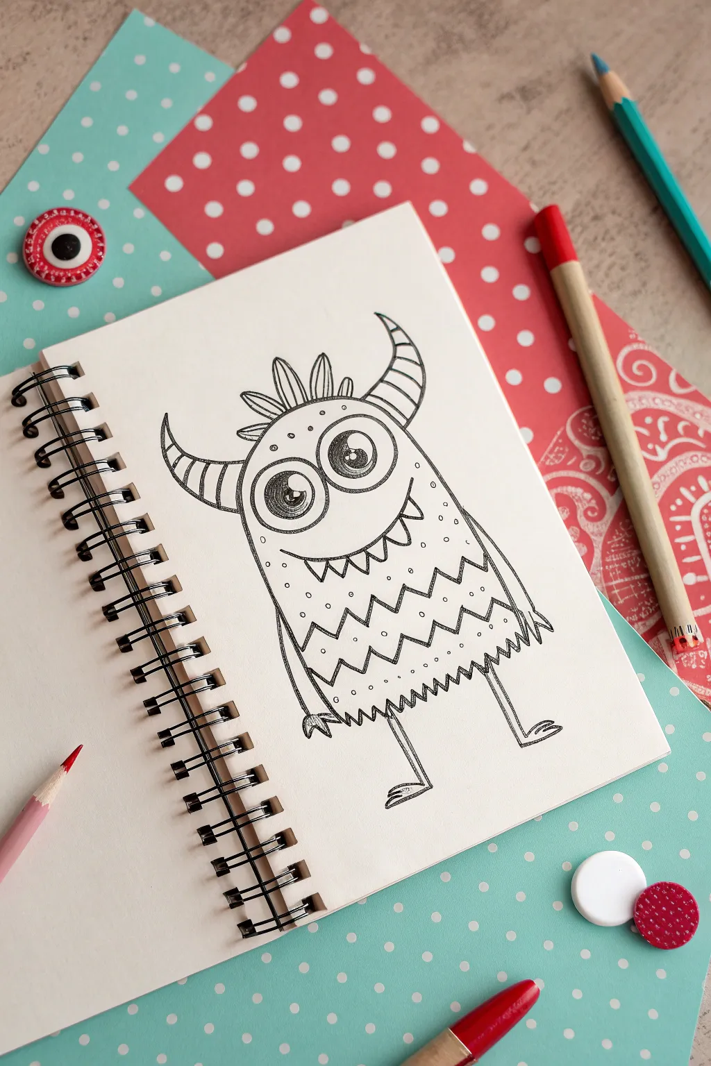 Build-a-monster page with mix-and-match eyes, teeth, and springy legs in bold minimal colors