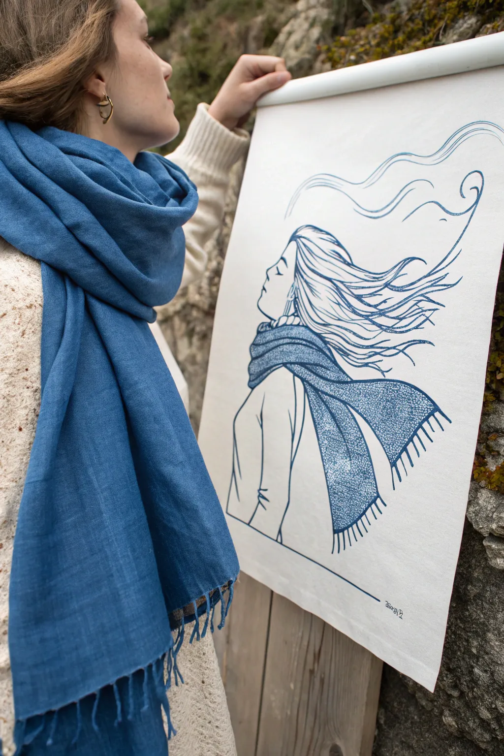 Windy-motion girl sketch with a flowing scarf, clean minimalist lines and a bold boho color pop