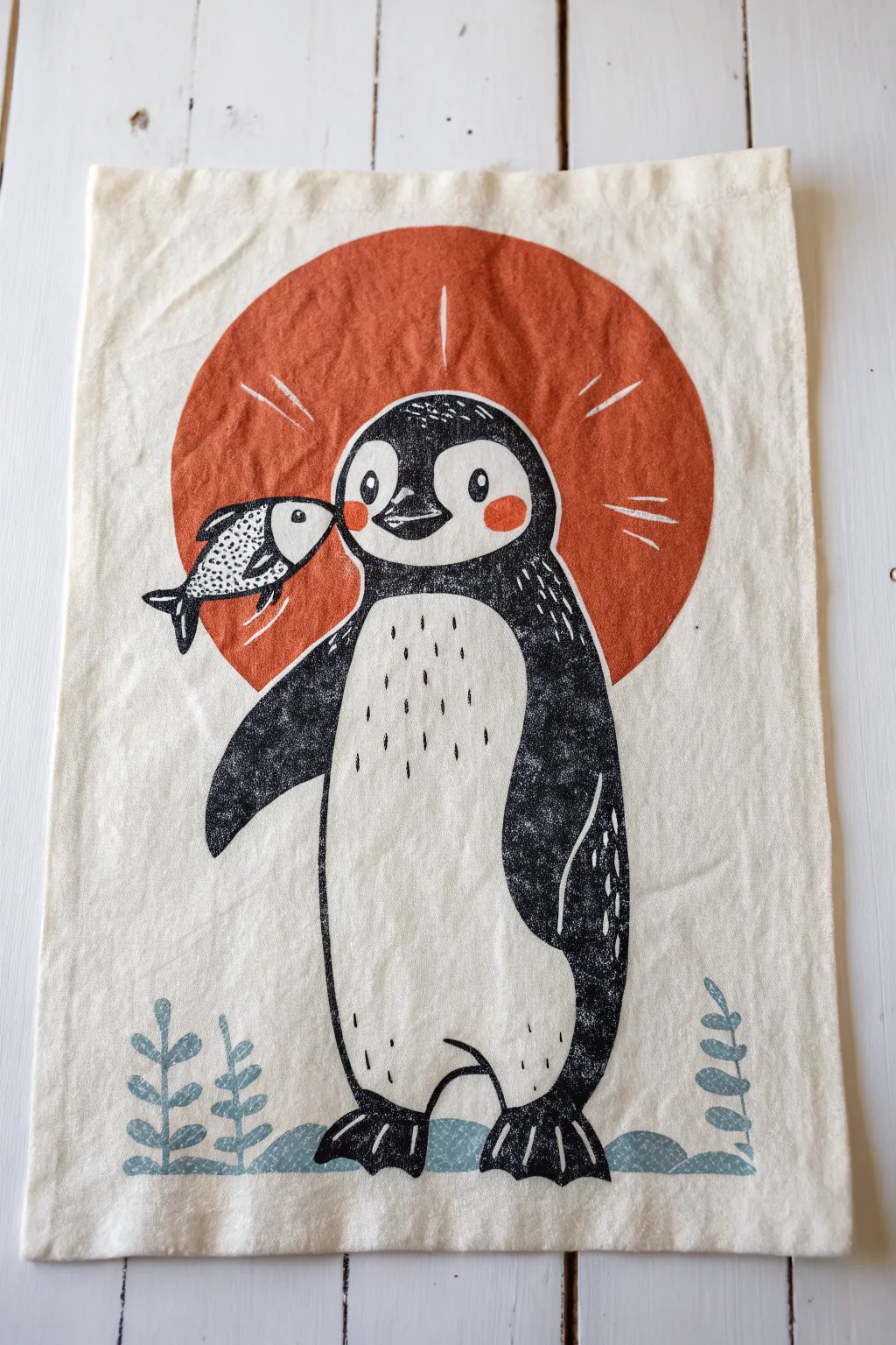 Minimalist penguin drawing holding a fish snack, bold colors and cozy Scandinavian calm.