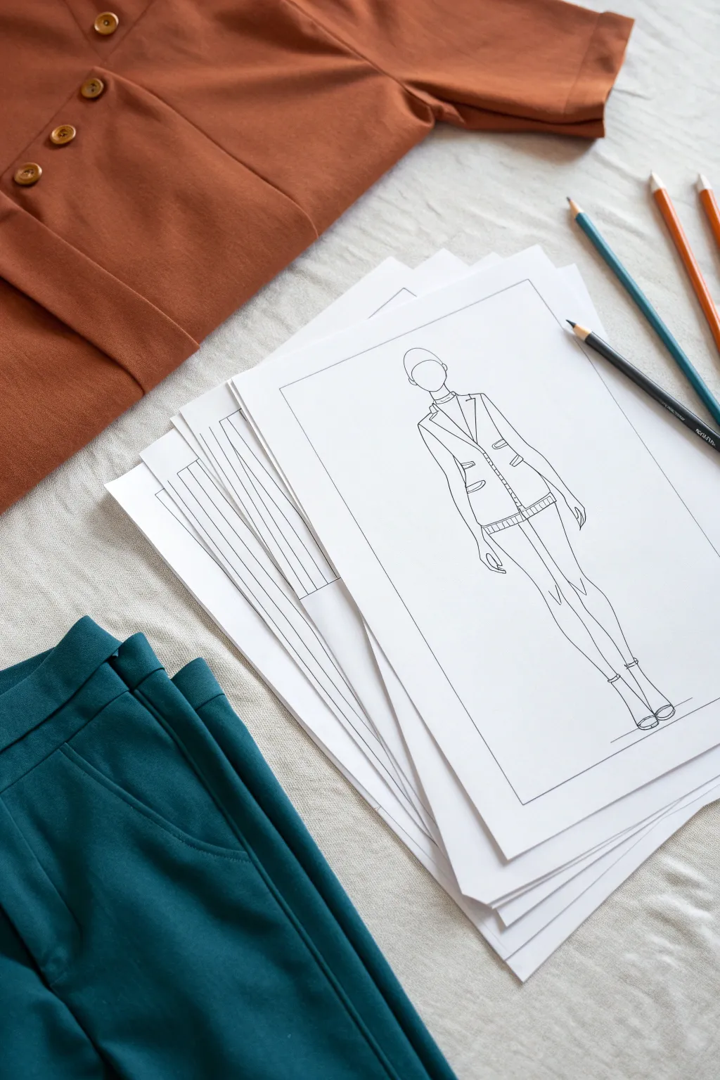 Paper doll fashion template kit flat lay, minimalist boho vibes, ready to cut and style