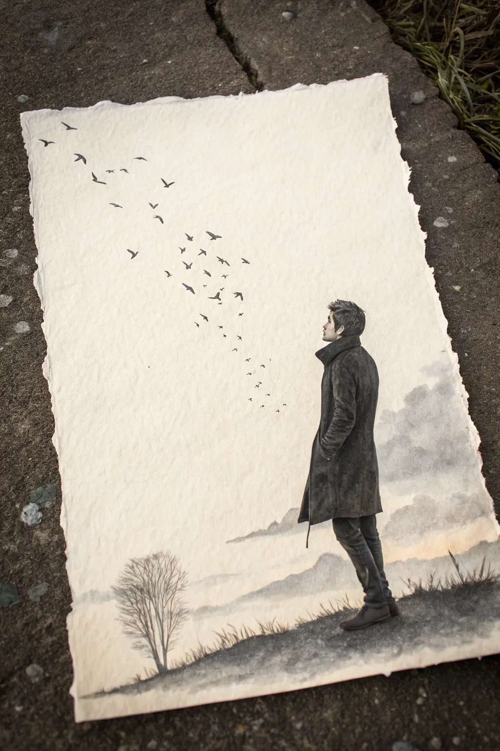 Graphite silhouette dissolving into birds, a dreamy high-contrast pencil drawing idea for your sketchbook