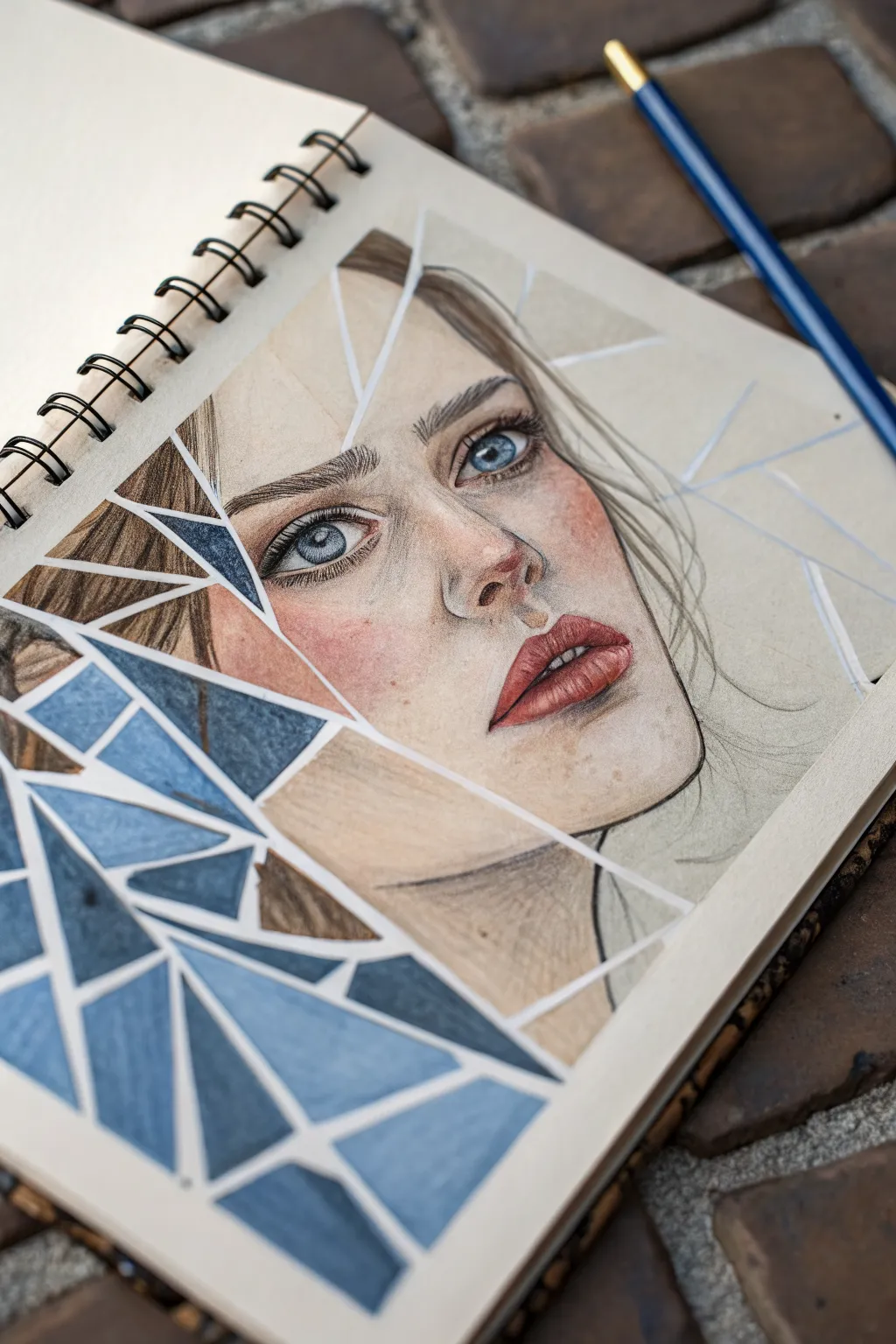 Minimalist shattered reflection portrait drawing, bold color shards and dramatic contrast.