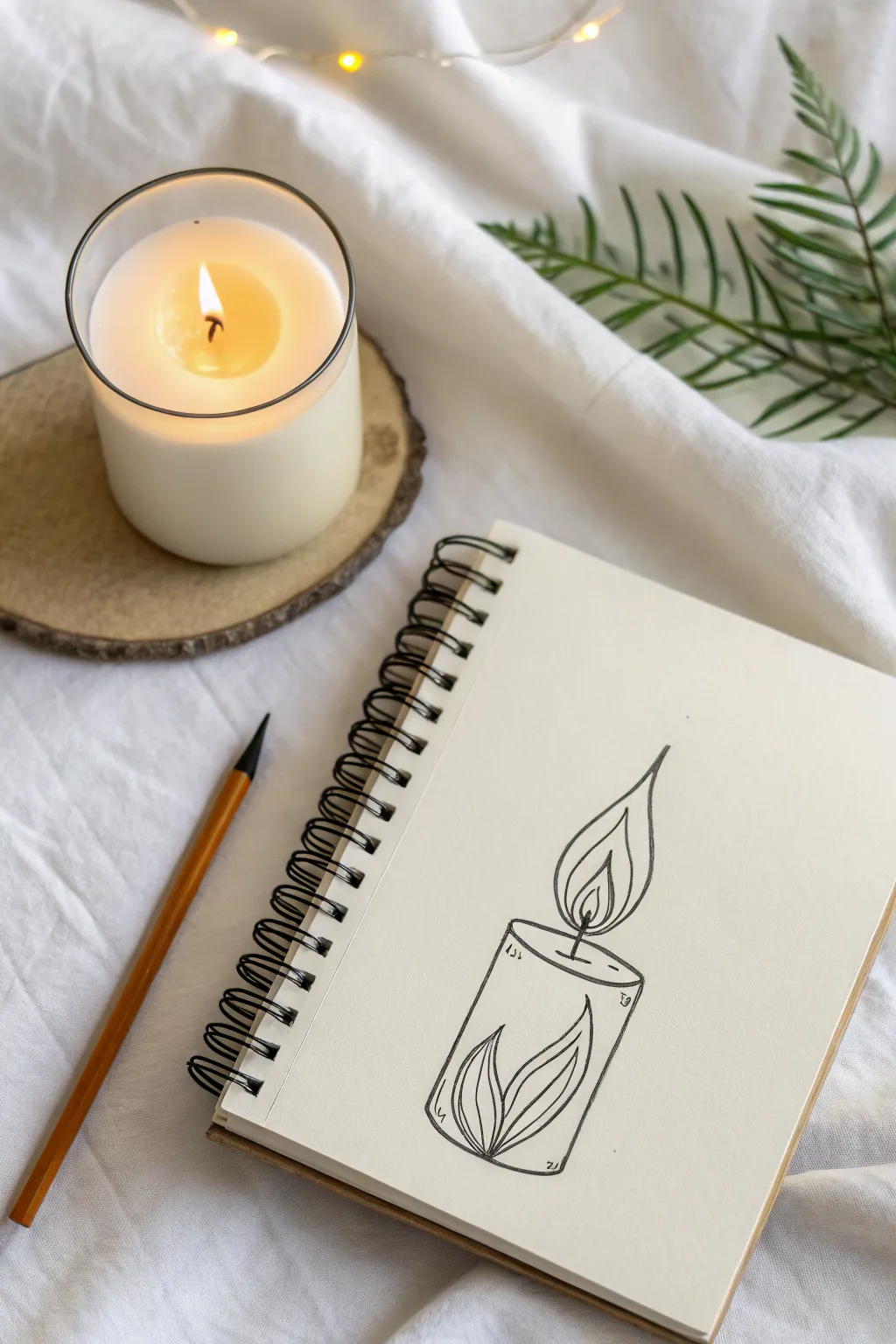 Cozy candle sketch to paint with warm shadows and a simple flame gradient in minimal style