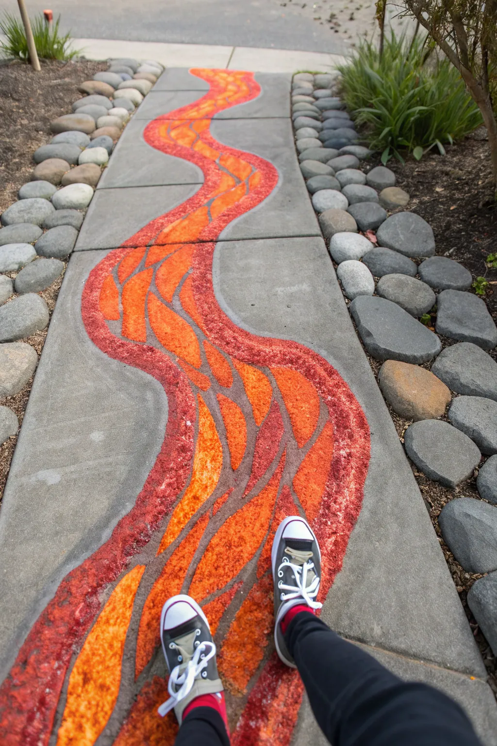 Playful lava chalk path with stone hops, bold orange glow on minimalist concrete.
