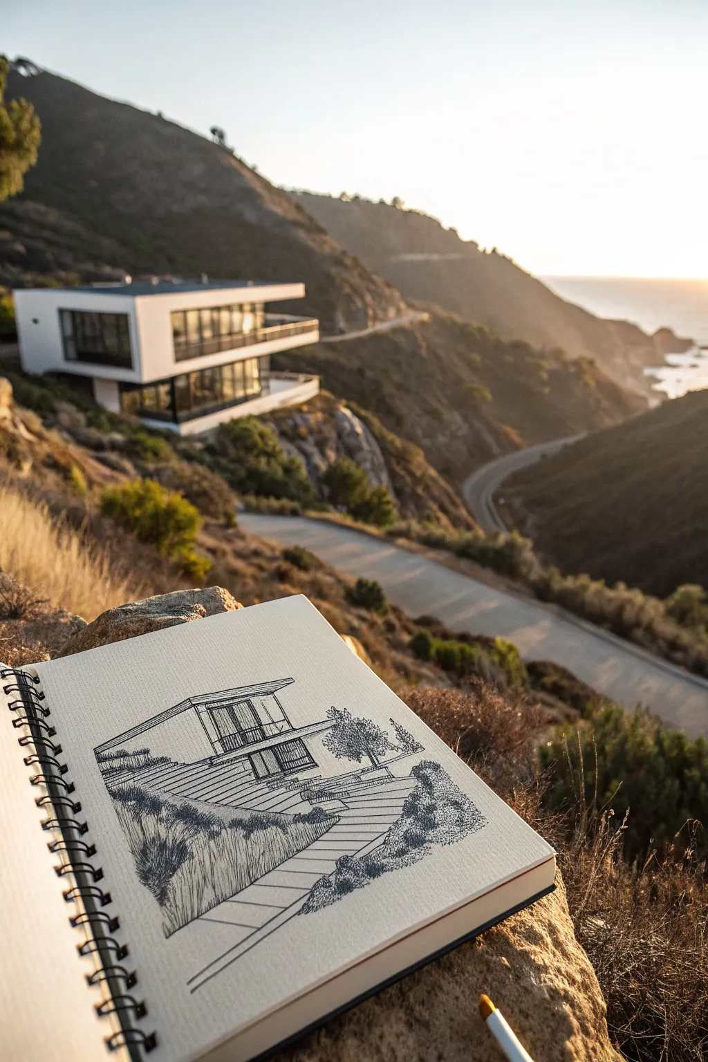 Futuristic hillside dream house sketch with sleek terraces and bold minimalist color accents