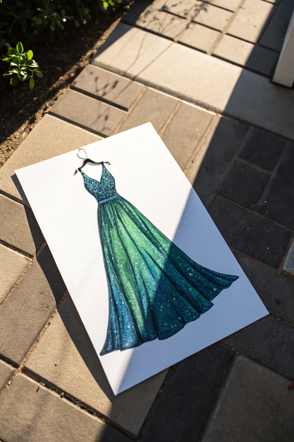 Glittery gown rendering with dense sparkles in the highlights and soft fade into shadow
