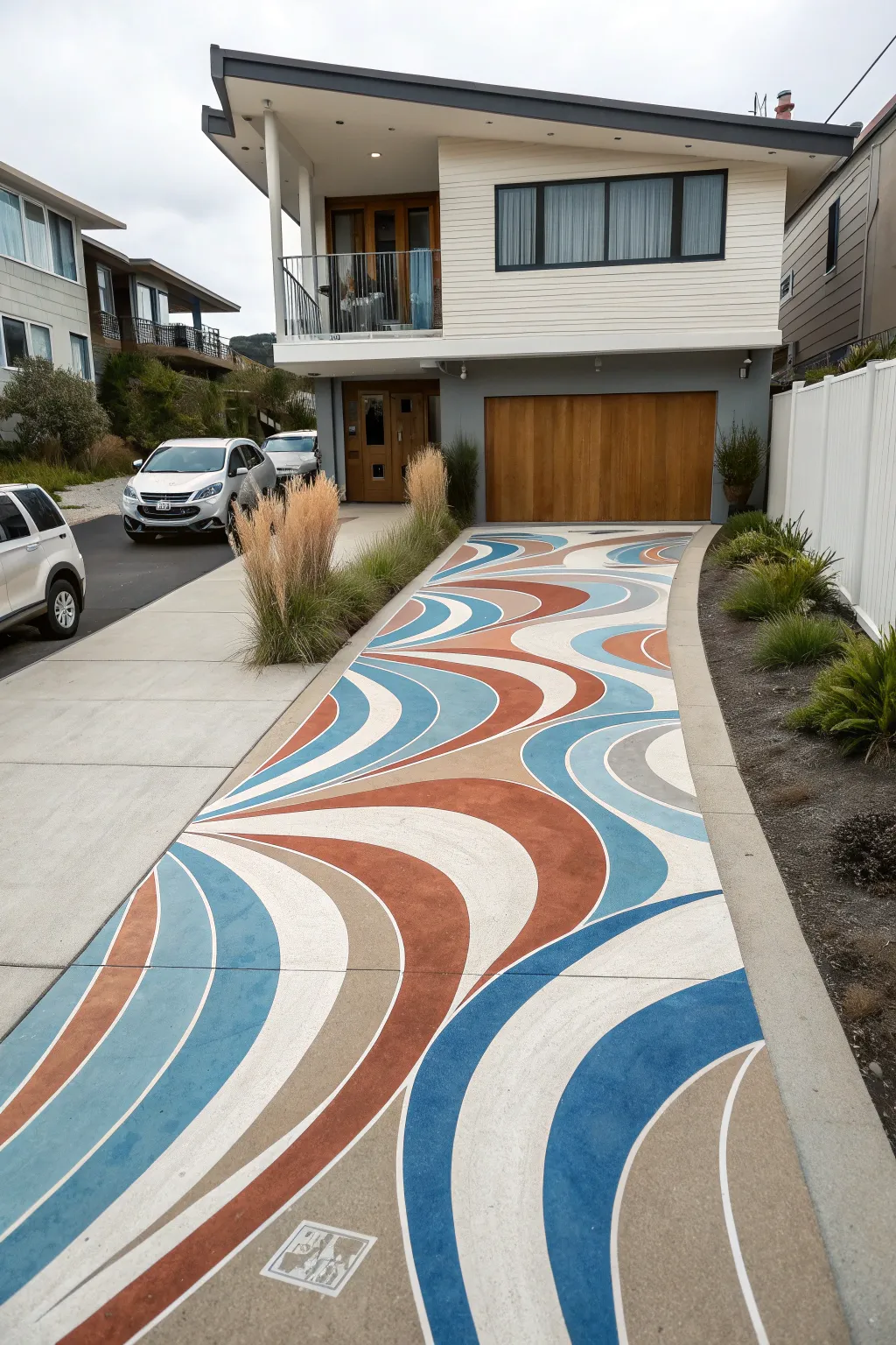 Flowing abstract waves transform the driveway into a bold statement that guides you to the door.