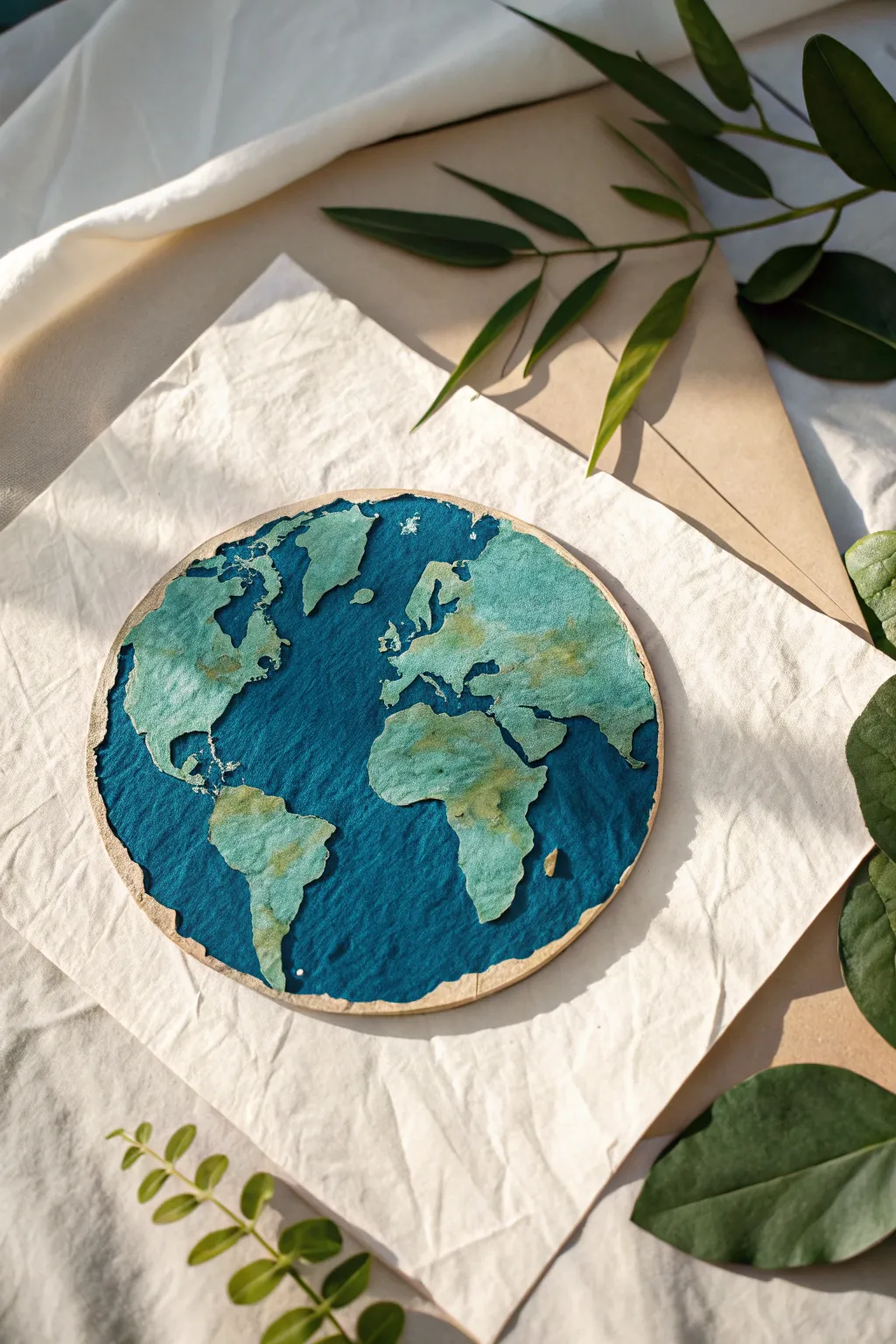 Torn-paper Earth collage with bold blues and greens, minimalist styling, and beautifully handmade texture