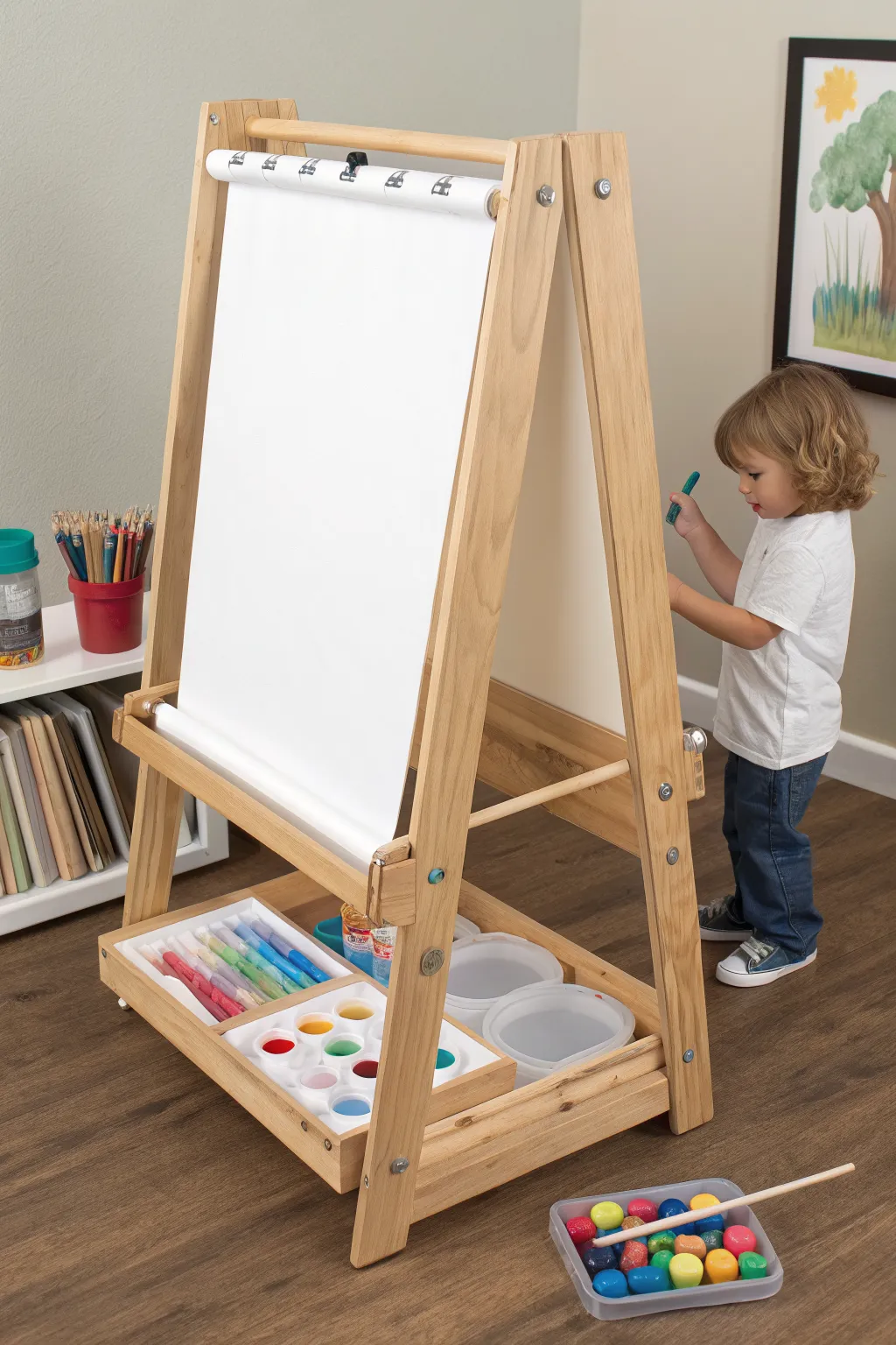 Two-sided easel magic: preschool pals paint together on matching sheets with bold colors.