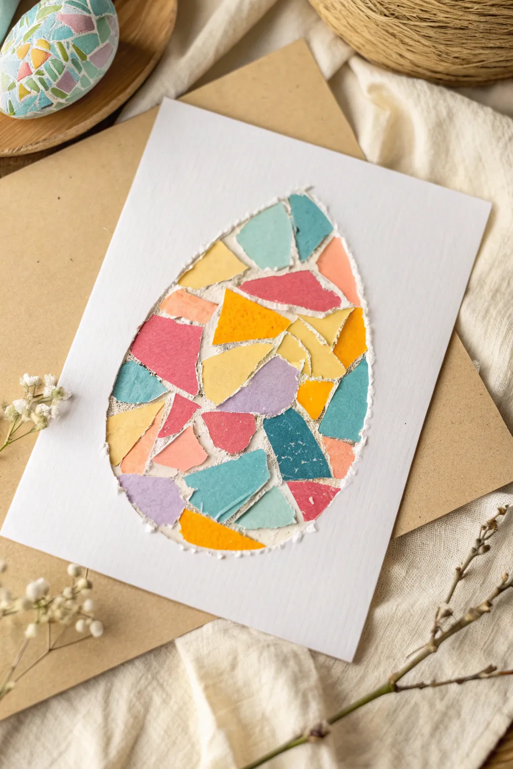 Torn-paper Easter egg collage in bright spring hues, simple, tactile, and toddler-friendly.