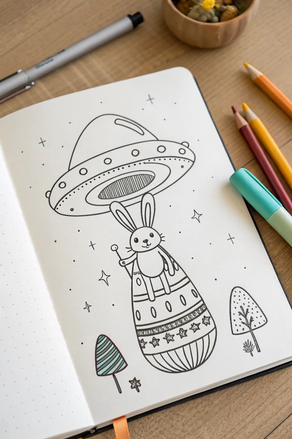Easy Space Bunny UFO drawing idea with a beaming egg, minimalist lines and bold Easter colors.