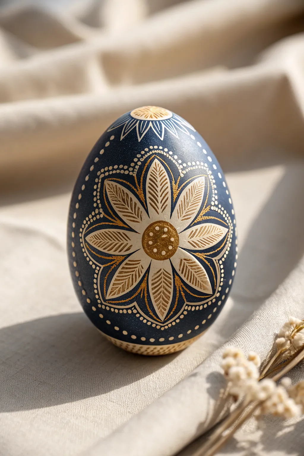 Mandala medallion Easter egg idea with fine lines, bold contrast, and minimalist boho style