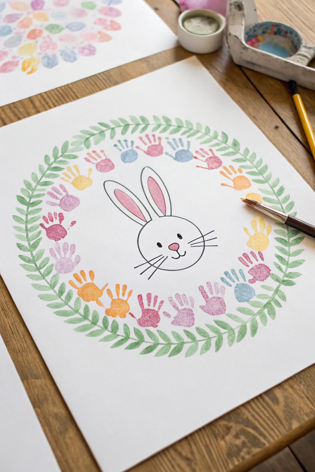 Pastel handprint bunny wreath wall art, minimal Scandinavian vibes for sweet Easter craft inspo