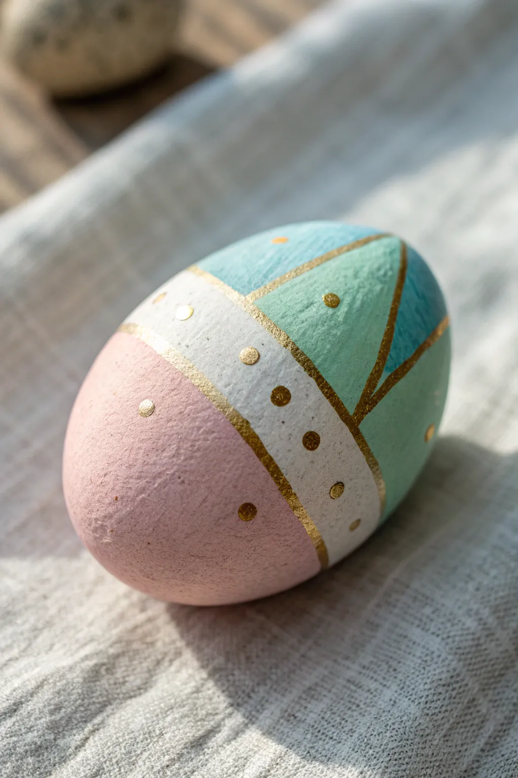 Pastel Easter egg rock with delicate metallic gold accents for a simple, giftable look