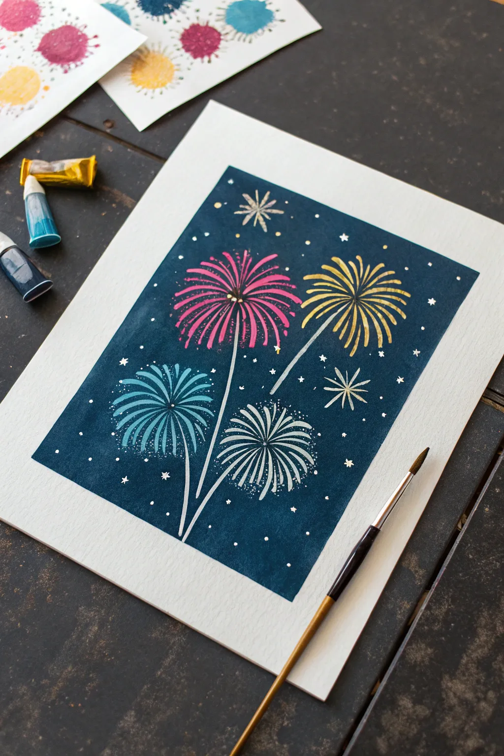 Q-tip dot fireworks on a deep night sky, bright acrylic pops that kids can recreate fast and easily