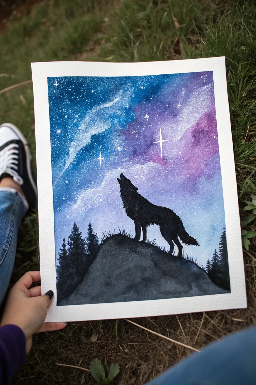 Paint a dreamy galaxy wash, then add a bold wolf howl silhouette for instant contrast.