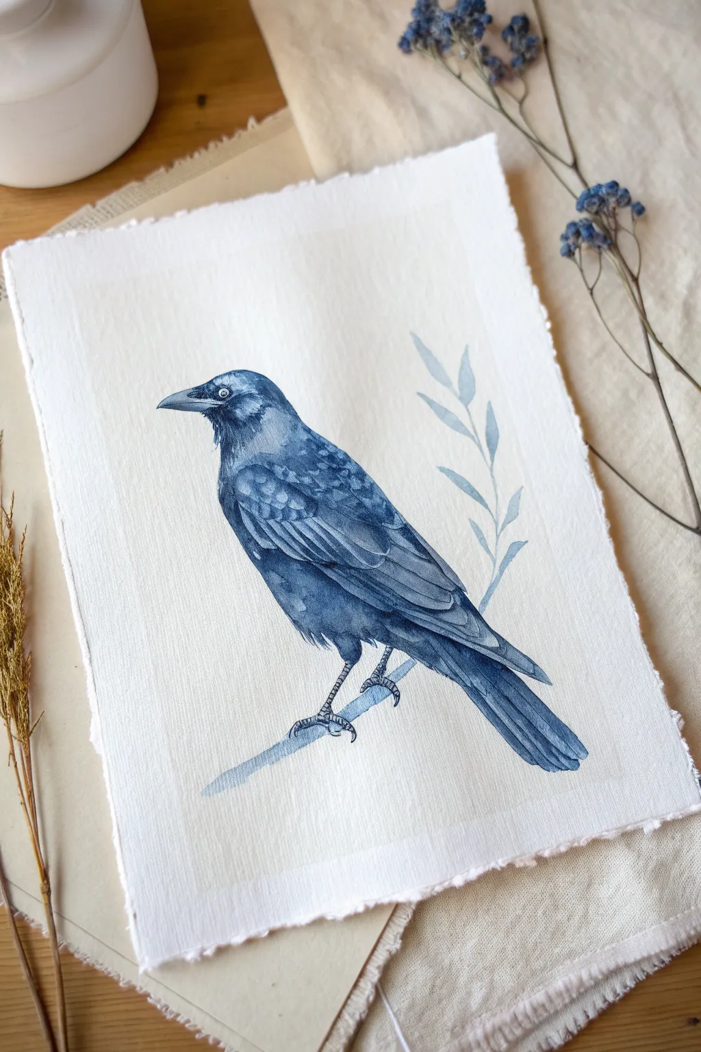 Monochrome blue bird study with smooth value shifts on clean paper for an easy minimalist look