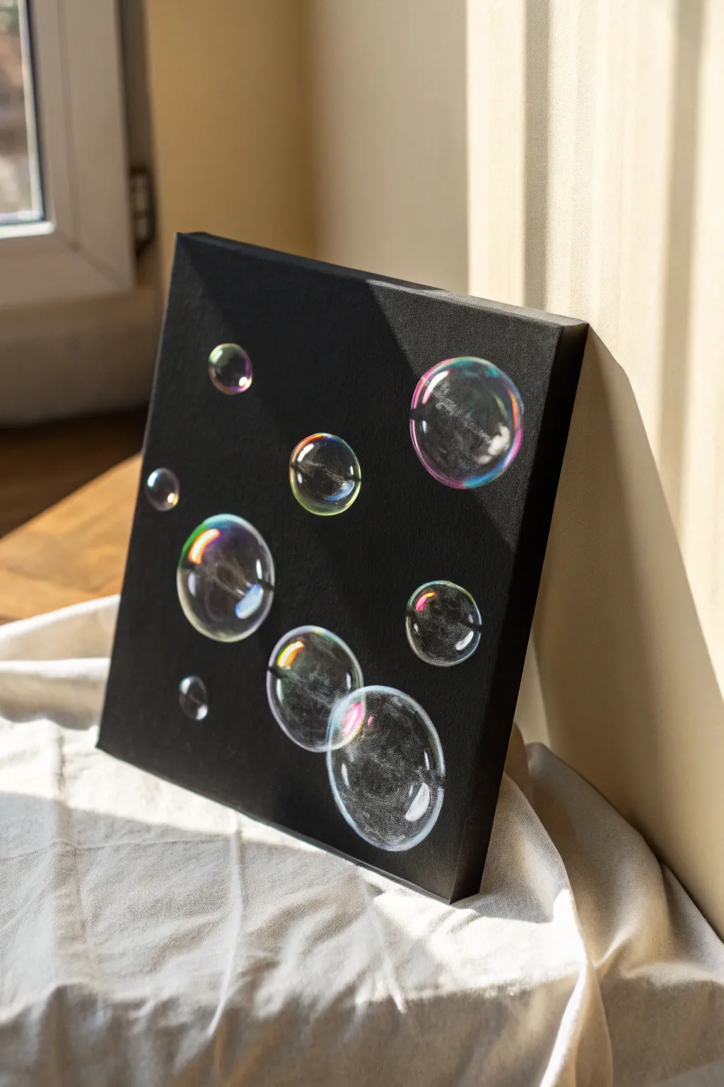Crisp white bubbles on deep black canvas, finished with subtle iridescent rainbow streaks.