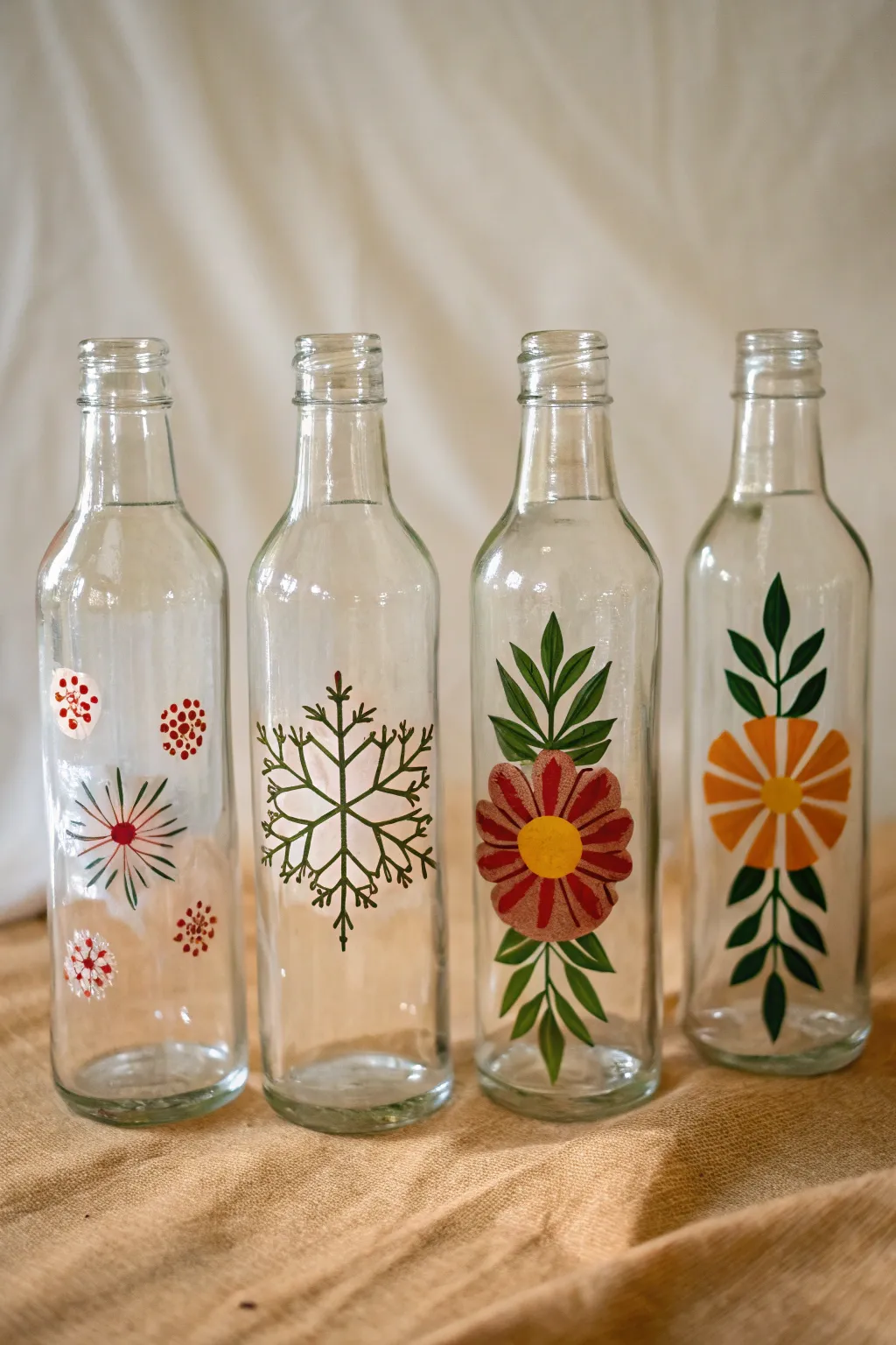 Swap seasonal vibes easily with four bold, minimalist hand-painted bottles on a calm neutral backdrop