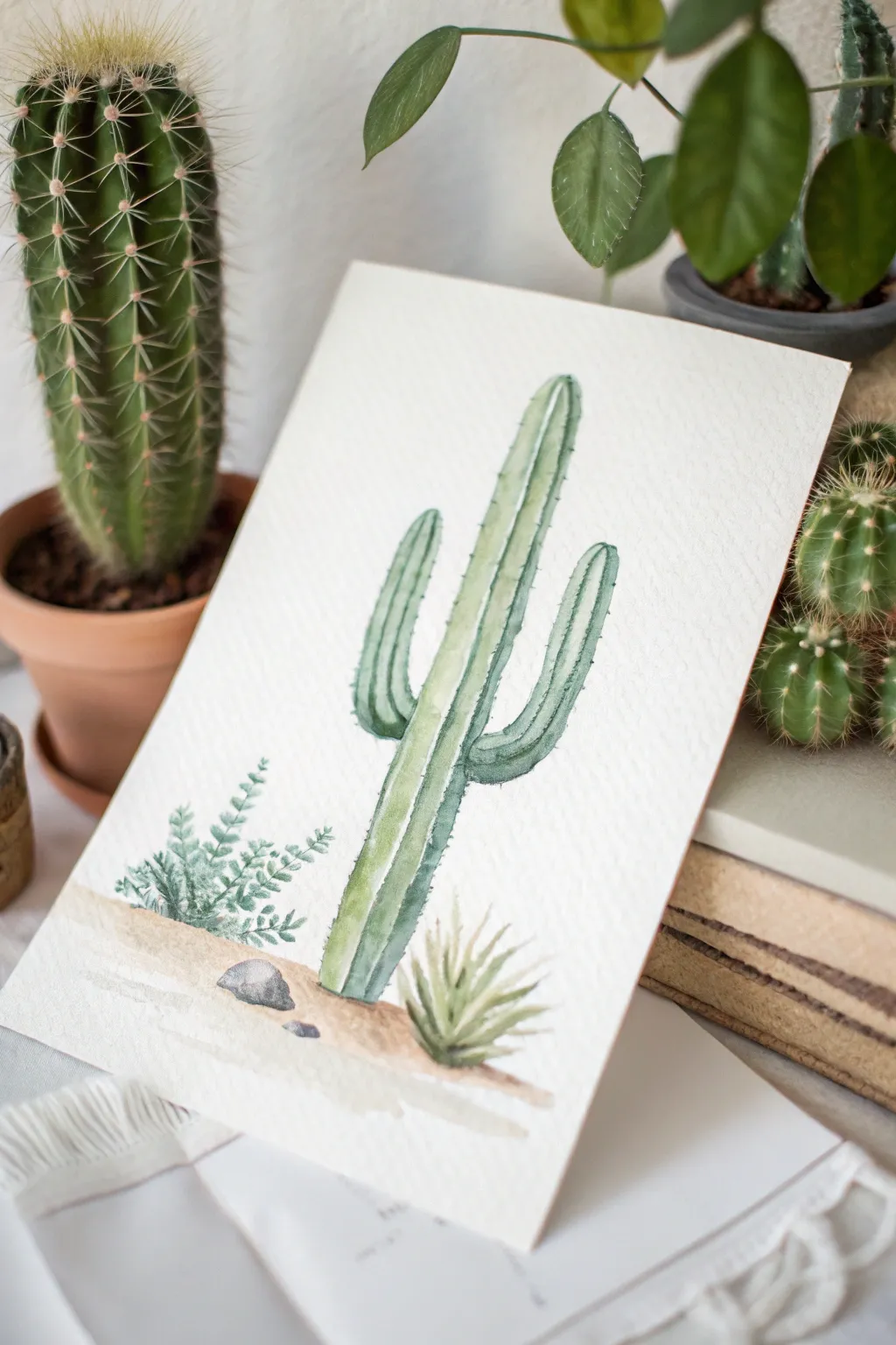Minimal ombre cactus watercolor in fresh greens, clean contrast, and calming boho simplicity.