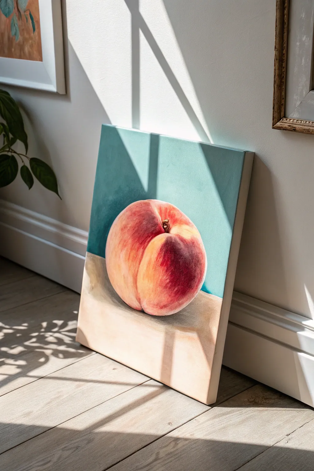 Minimal peach still-life canvas painting: bold color, simple shapes, clean Scandinavian calm.