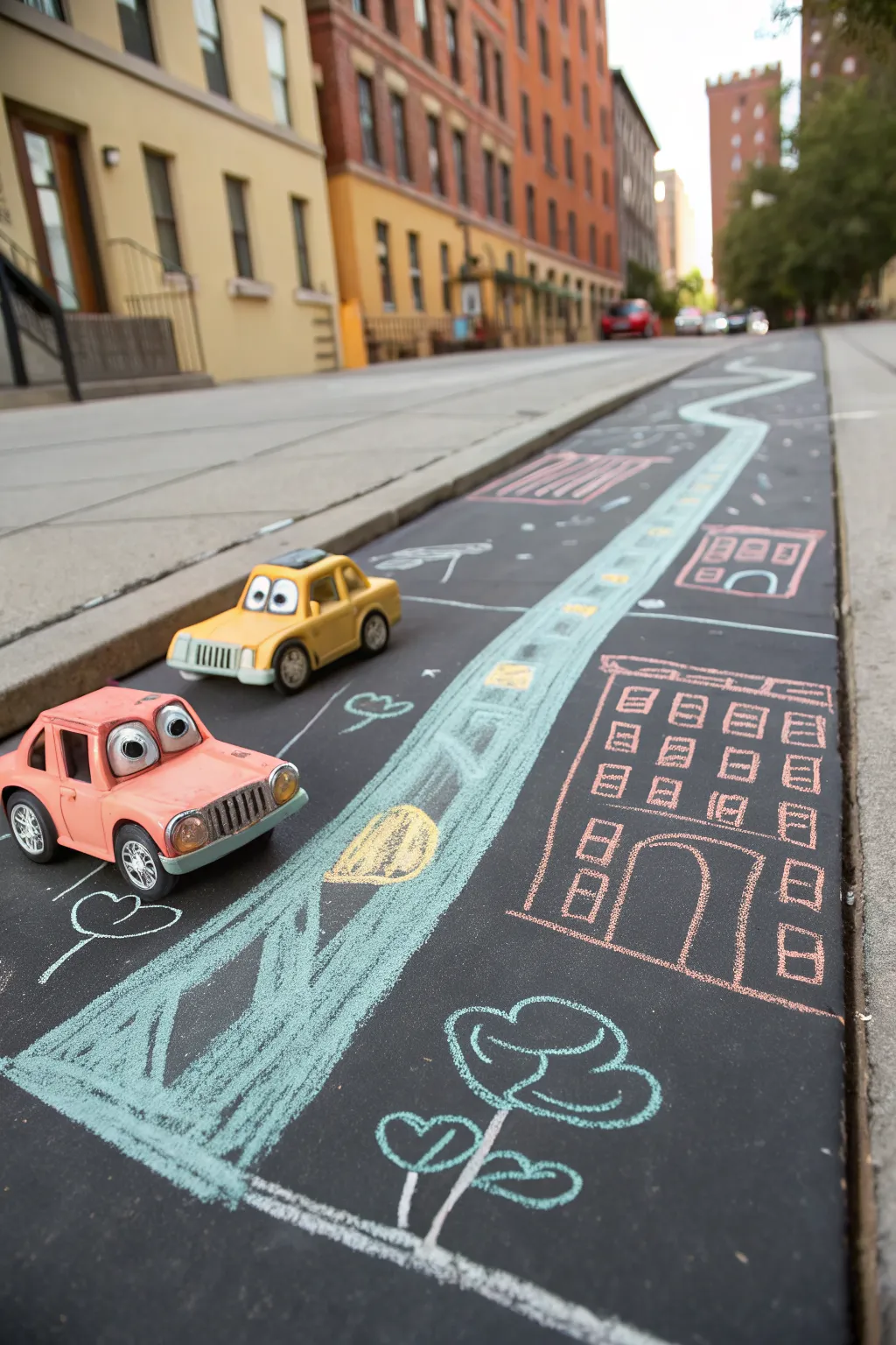 Whimsical tiny city street chalk doodle with smiling cartoon cars, minimal and bold color pop