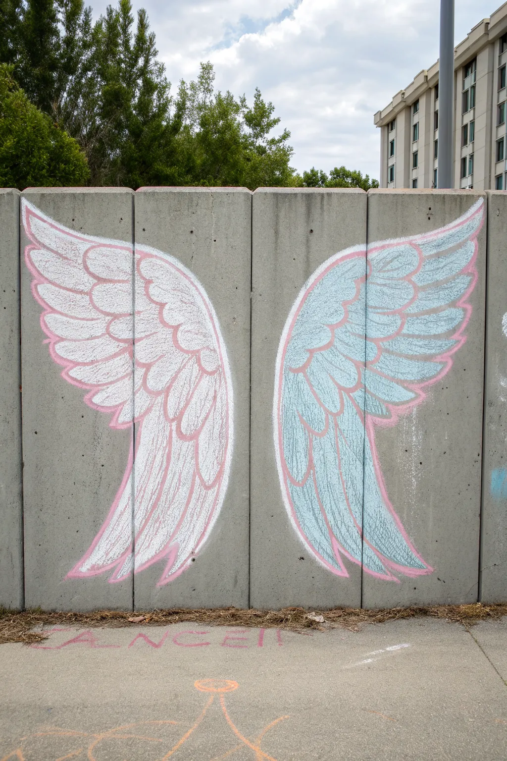 Create a magical photo backdrop with simple chalk angel wings on a concrete wall kids can draw.