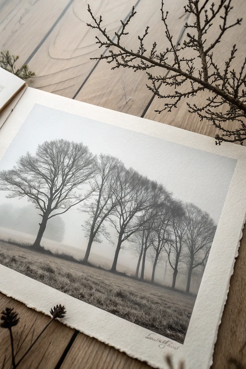 Foggy charcoal trees: crisp dark trunks fading into soft mist with smooth blending and lost edges.