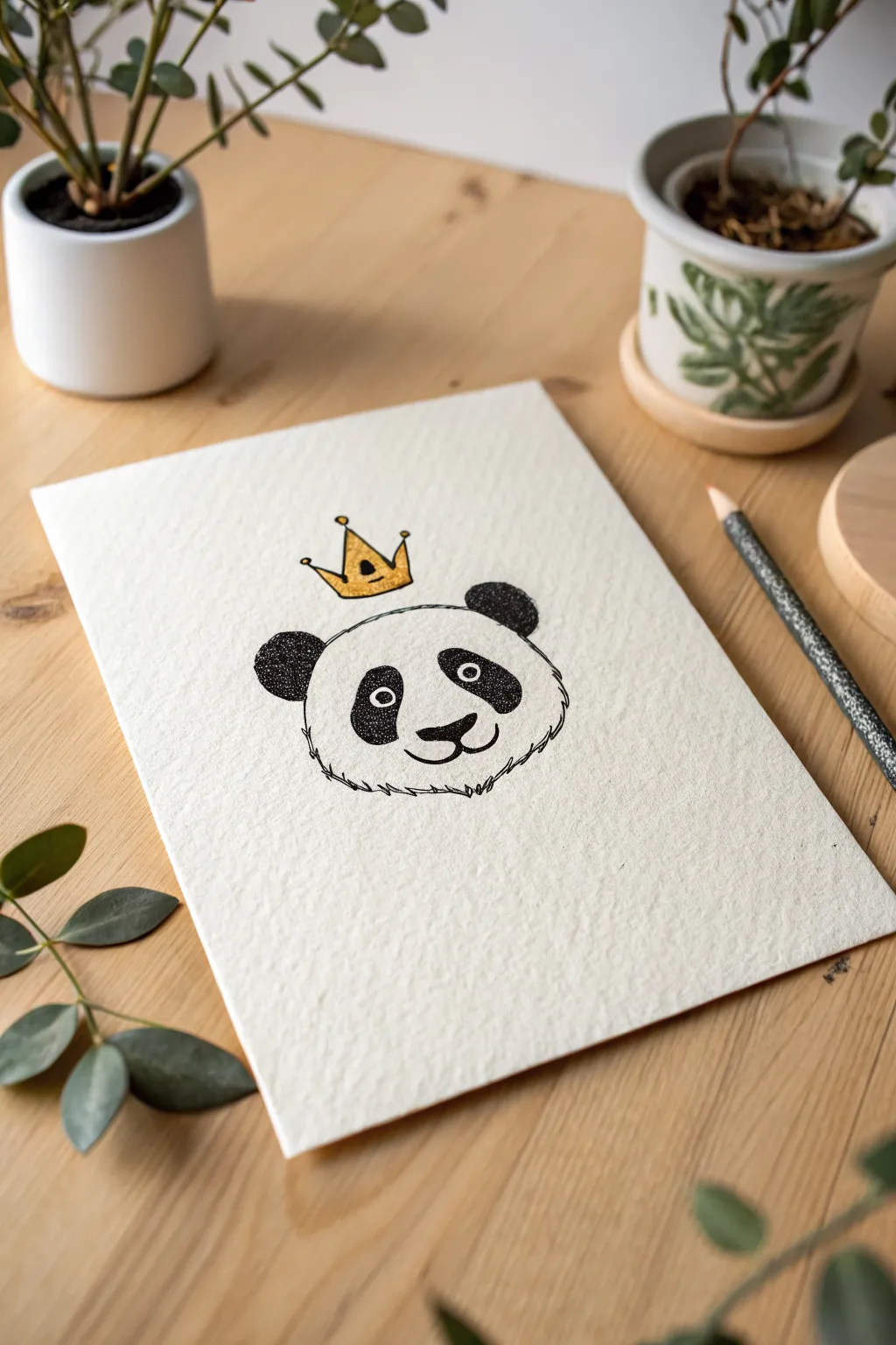 Easy panda head drawing idea with a tiny crown, minimalist, bold contrast, and super cute.