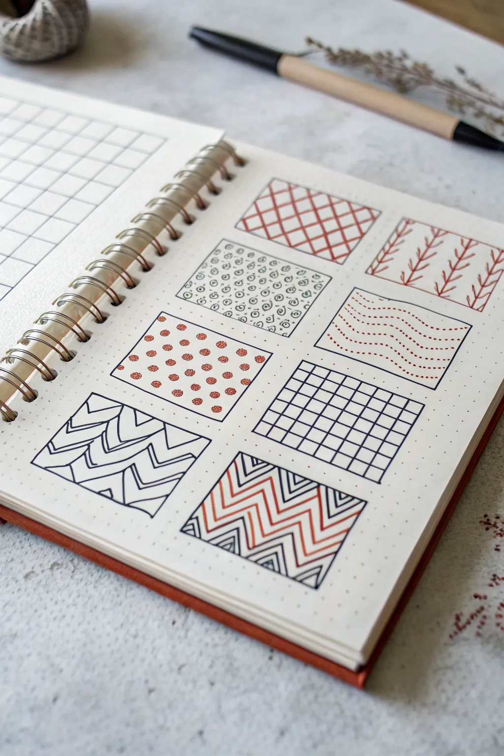 Pattern grid of tiny textures: simple doodle squares with bold contrast for easy drawing ideas
