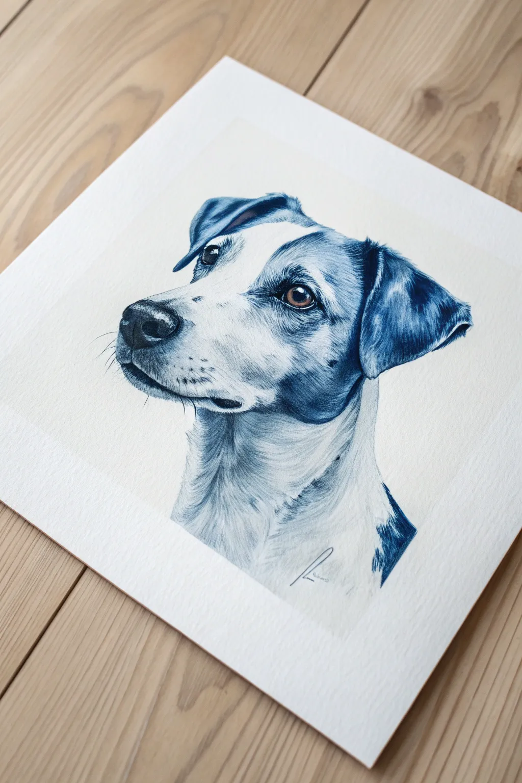Monochrome dog value study in bold blue, simple brushwork, crisp light and shadow