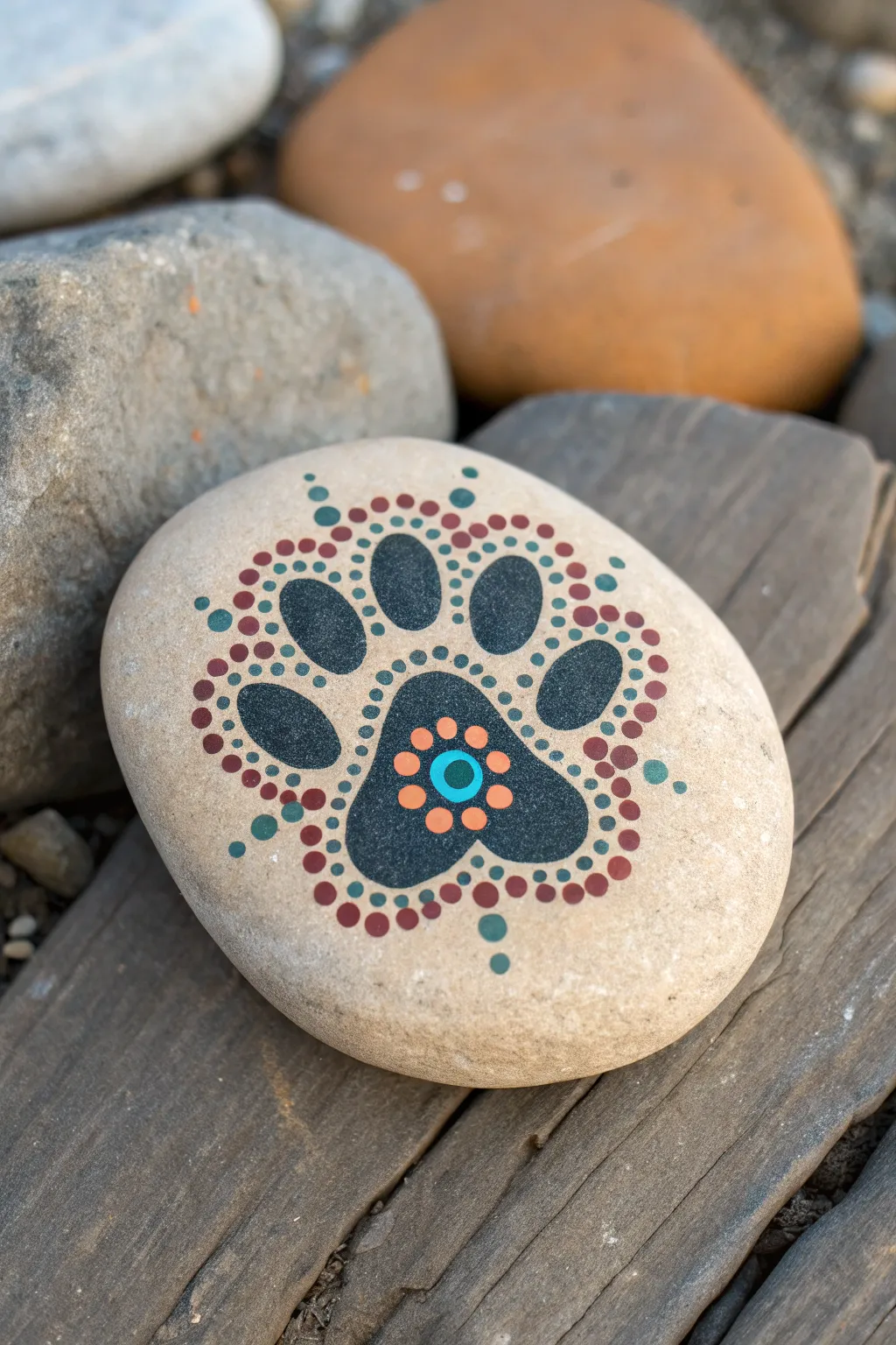 Dot mandala paw print rock in bold boho hues, minimal and satisfying to recreate at home