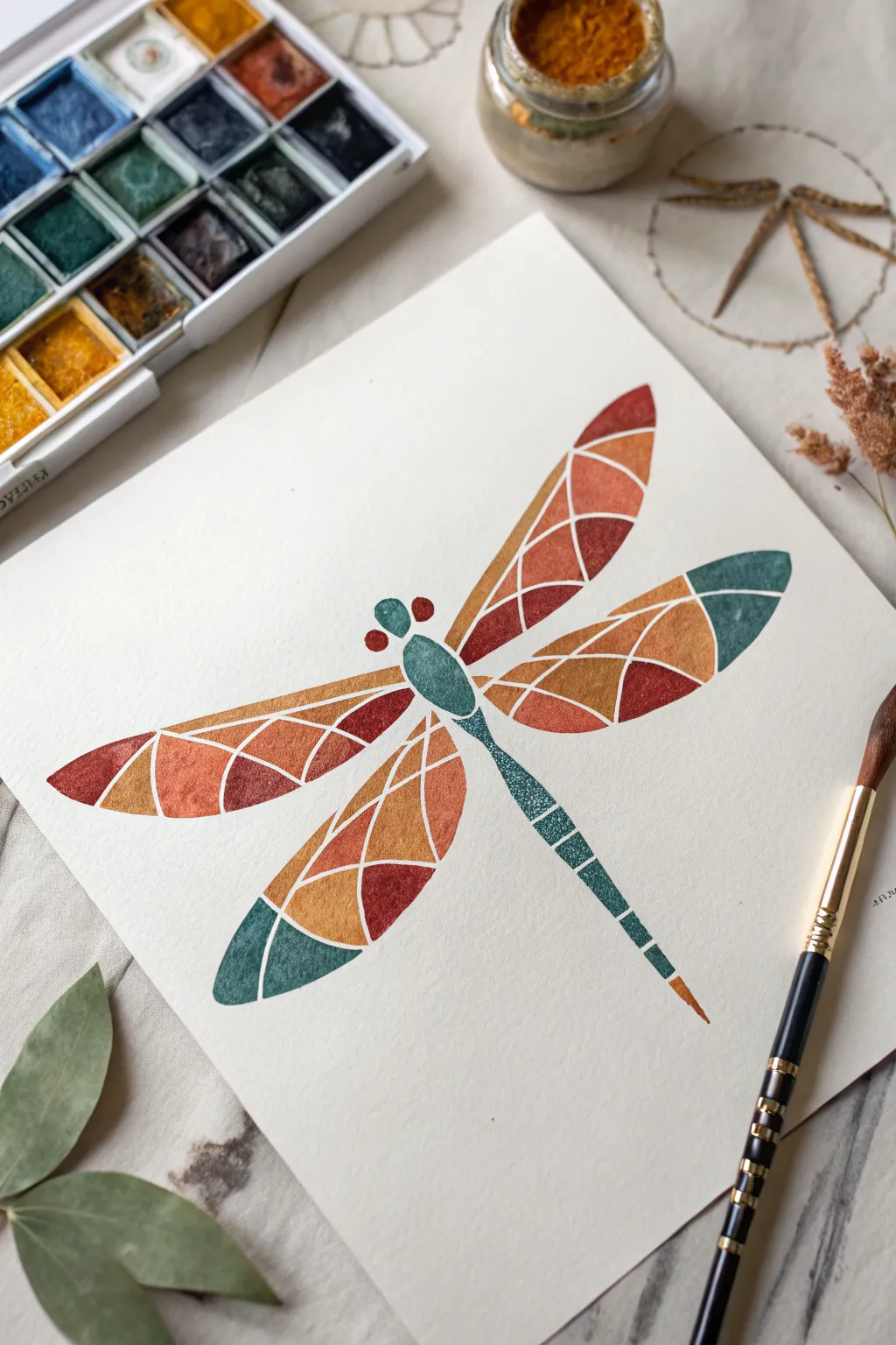 Easy geometric dragonfly painting in bold, modern colors for a minimalist Scandinavian look