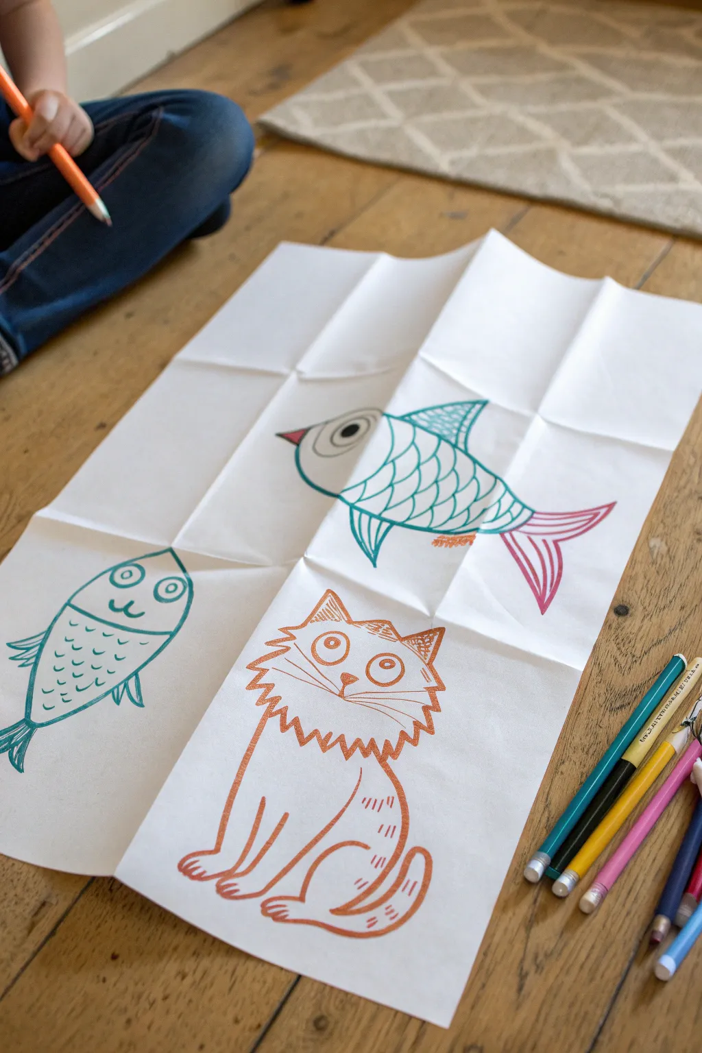 Try an Exquisite Corpse mash-up: fold, swap, and draw a fish-cat-bird creature in minutes
