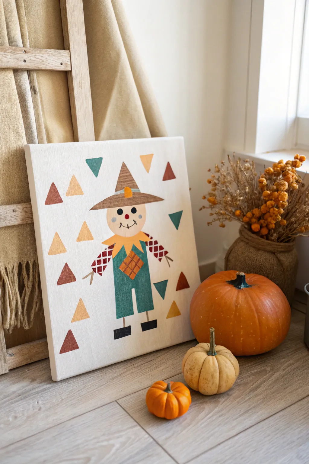 Cute scarecrow painting with simple shapes and warm fall colors, perfect for beginner art