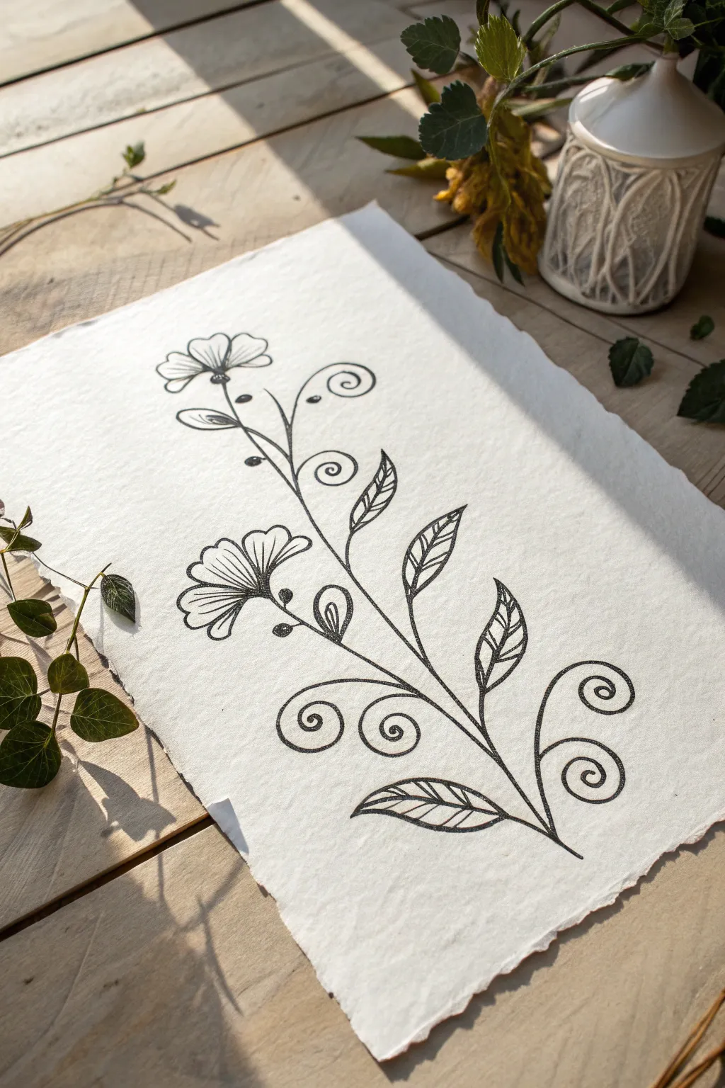 Bold black ink blooms with swirling vines, a minimalist border to frame sketchbook flower doodles.