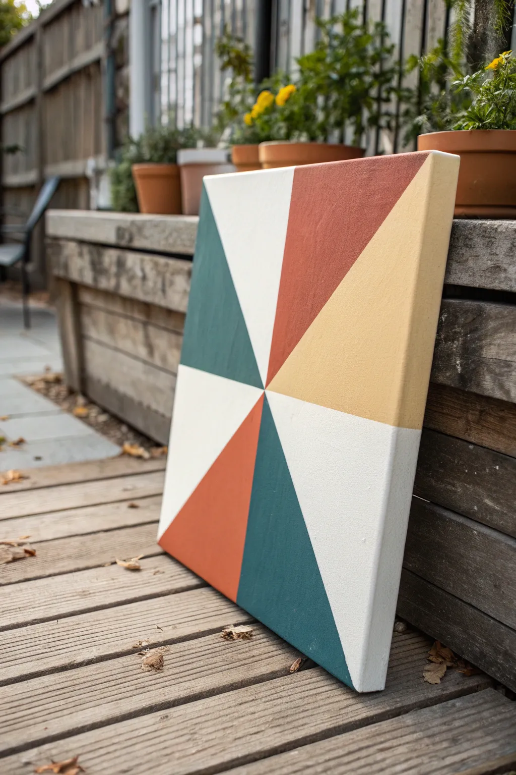 Wrap-around corner geometry in bold boho color blocks with crisp taped angles and clean contrast