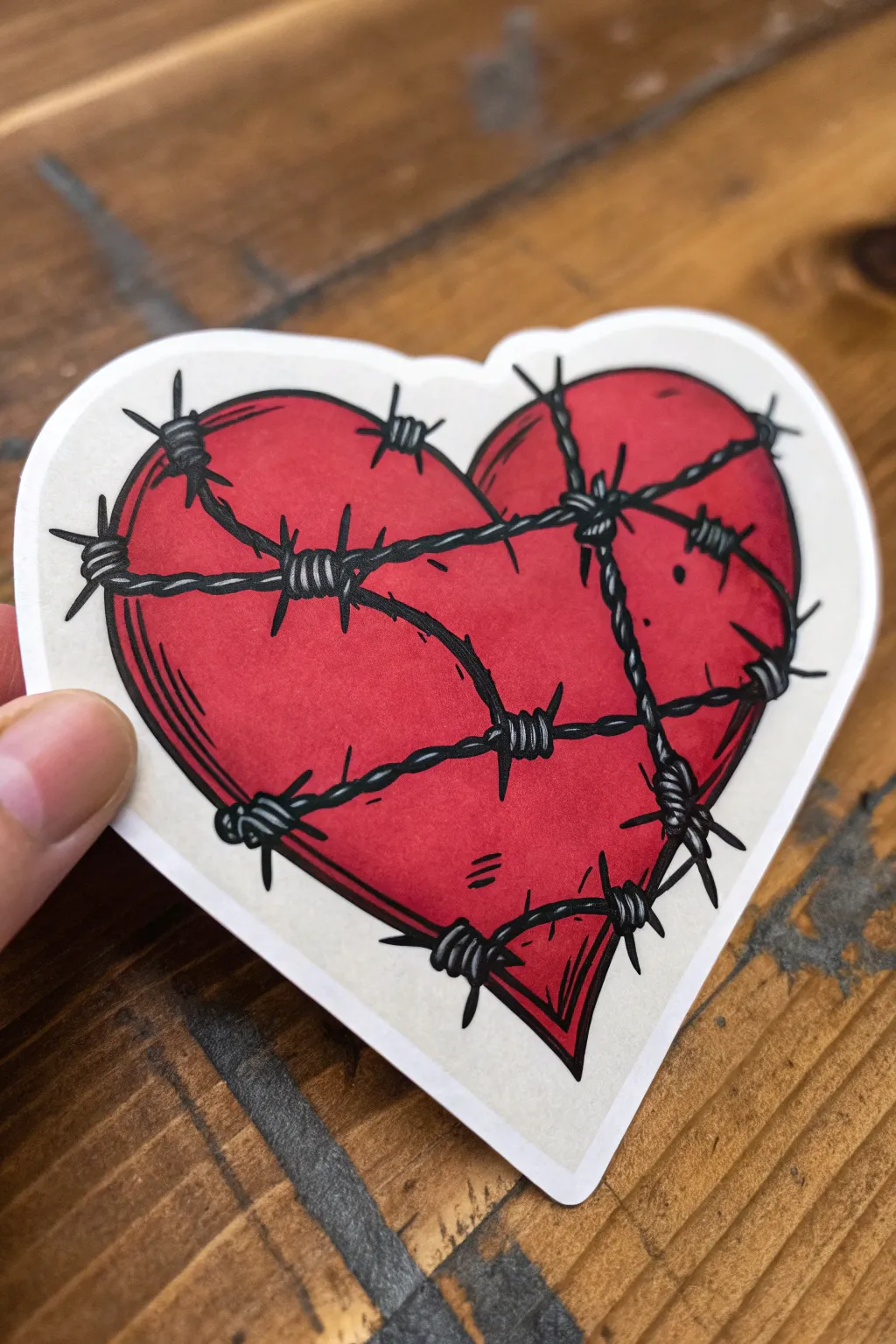 Minimal goth doodle inspiration: barbed wire heart sticker with bold lines and striking red.