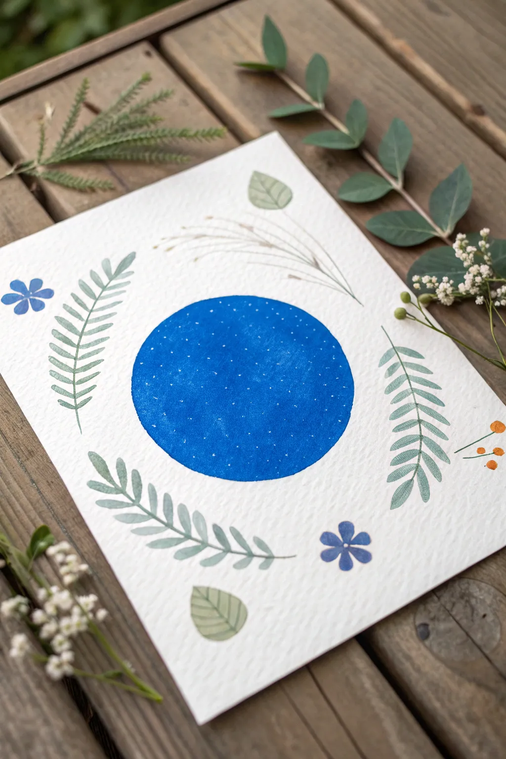 Bold gouache circle filled with easy dots, stripes, tiny florals, and leafy marks
