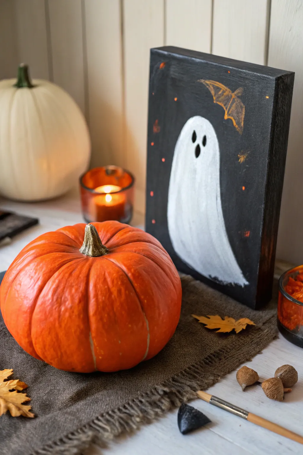 Minimal ghost escaping a bold pumpkin, clean brushstrokes and cozy glow for Halloween vibes