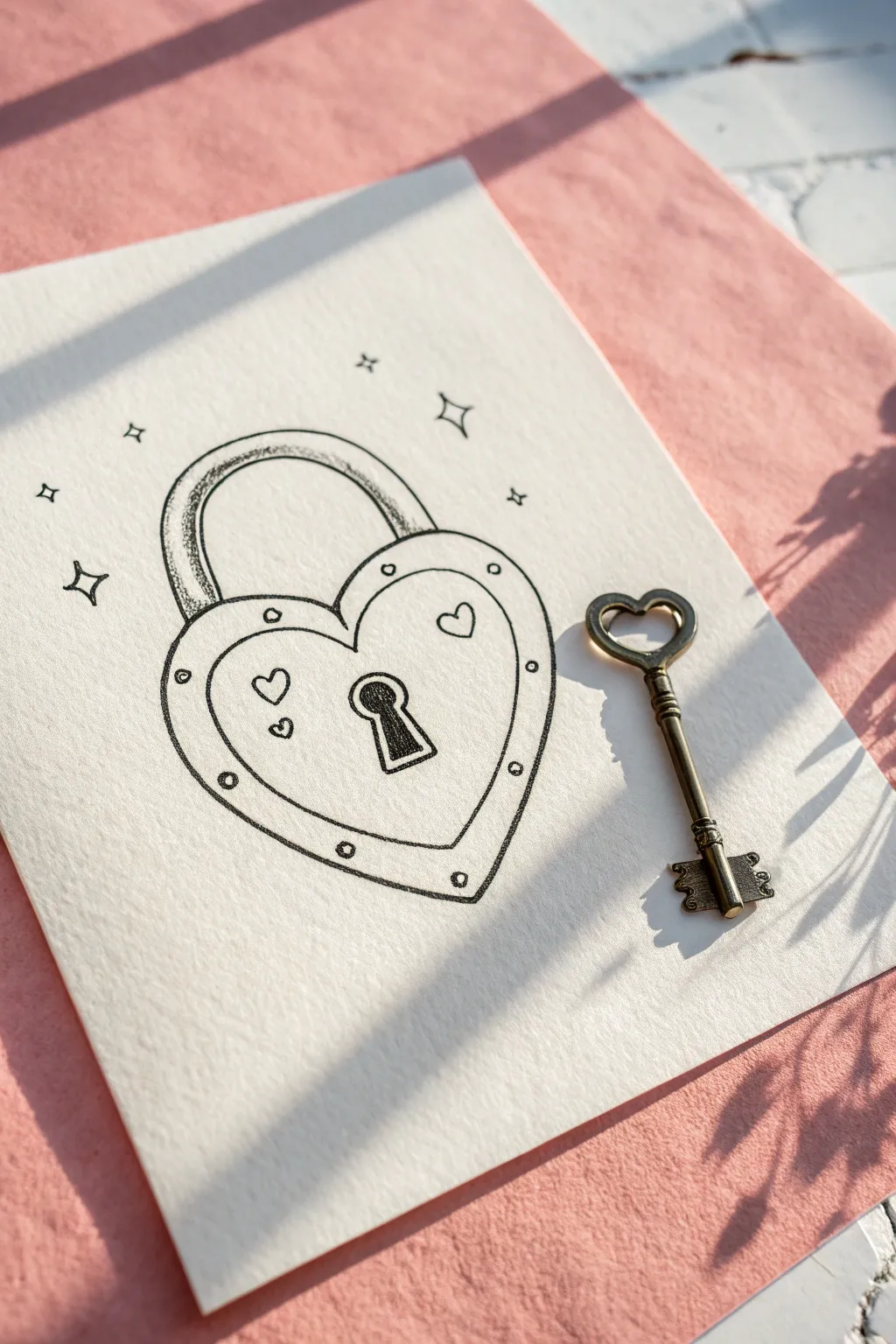 Minimal heart padlock and key line art with a bold coral pop, perfect for easy heart drawings.