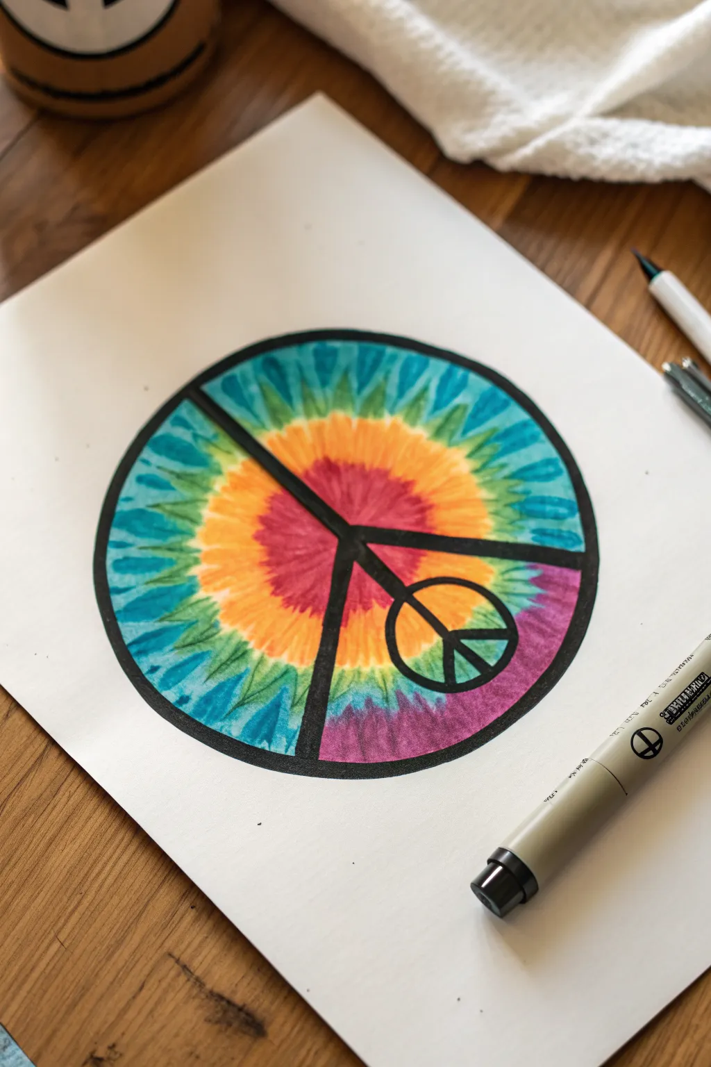Tie-dye swirl background fill with thick outlines and a tiny peace sign, bold yet minimal