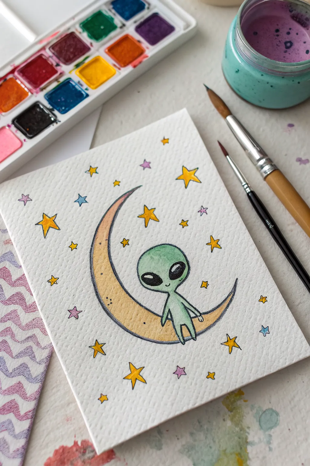 Cute alien on a bold color splash, easy hippie painting idea with simple shapes and vivid contrast