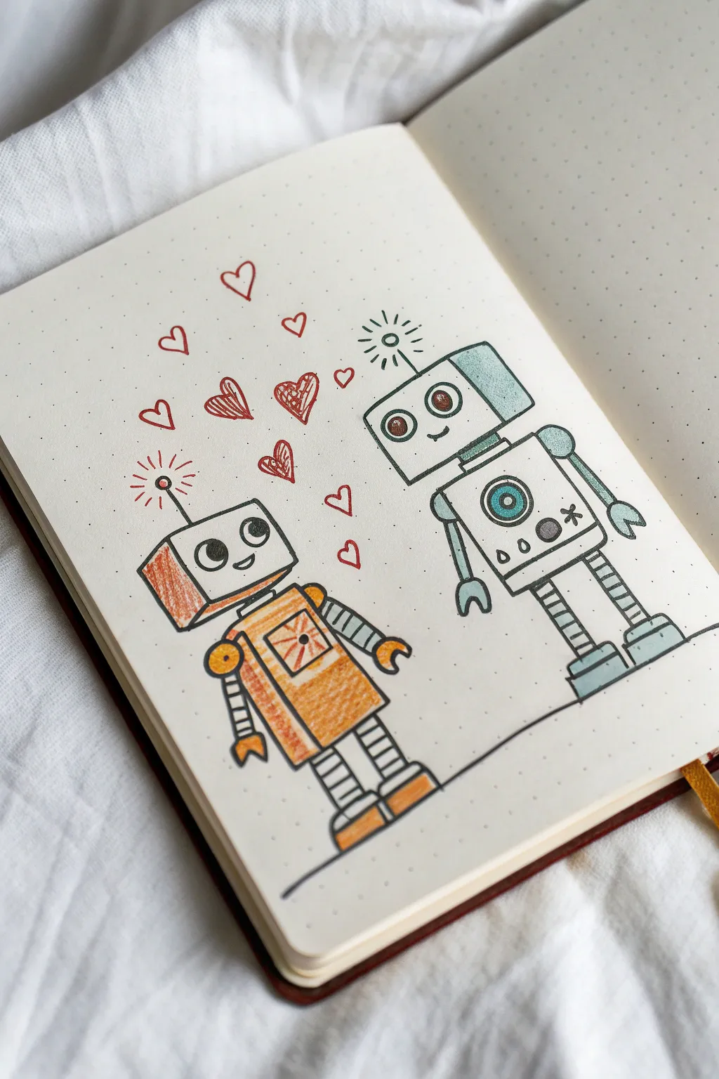 Cute robot couple doodle with tiny hearts, simple shapes, and bold boho colors on clean paper