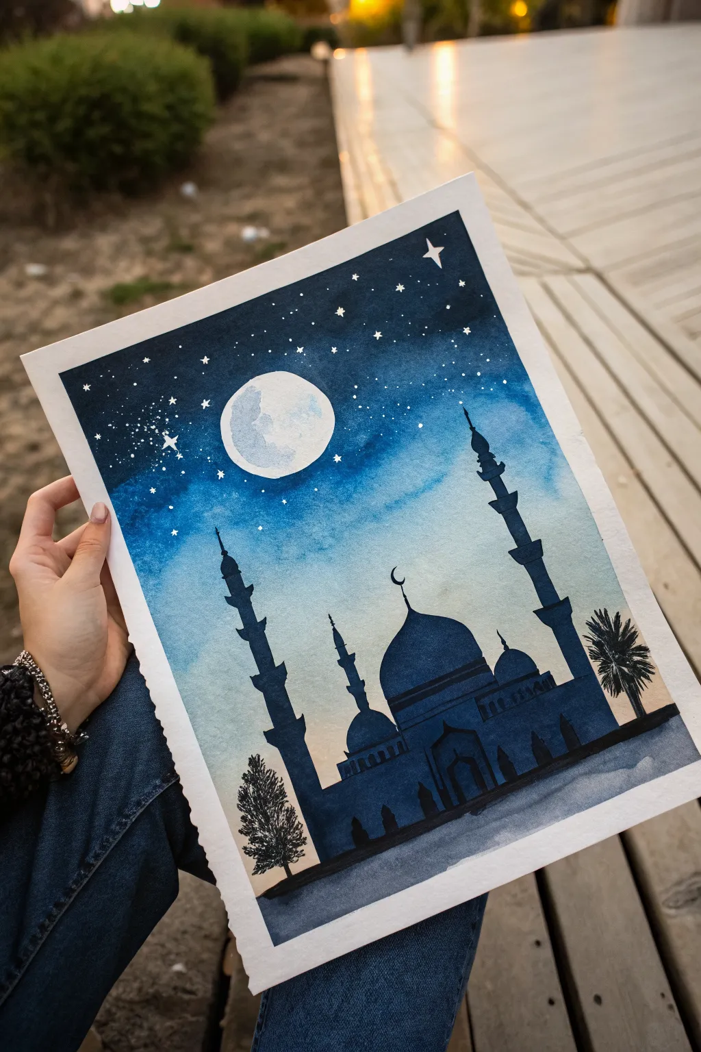 Minimal duotone night sky with a mosque cutout silhouette, bright moon, and sparse stars