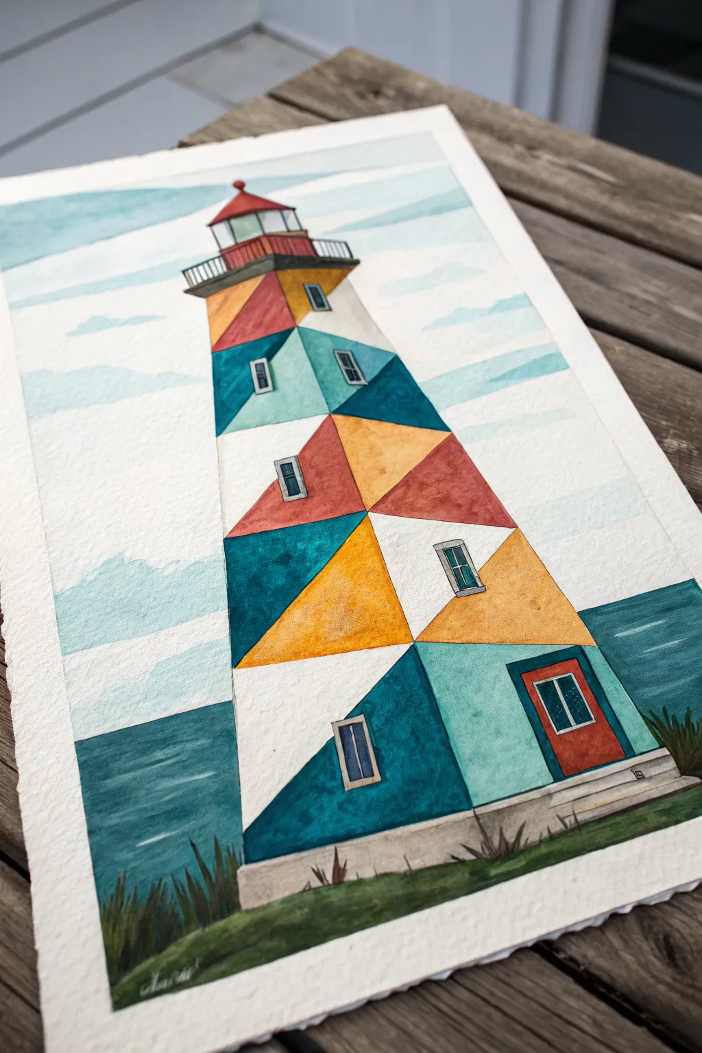 Modern abstract color-block lighthouse painting idea with crisp edges and bold Scandinavian hues.